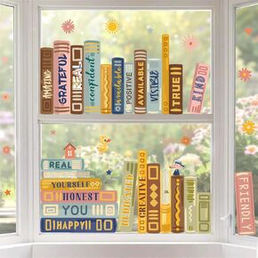 Vintage Book Window Stickers Double-Sided Window Clings Stickers for Glass Window for Classroom Preschool Decals Peel and Stick Watercolor Books Decorations Decals for Library Kids Nursery Wall Decor
