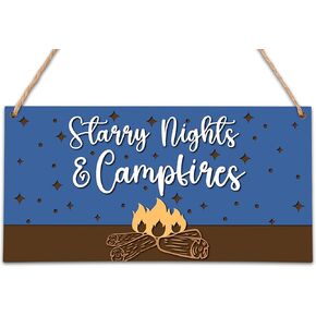 Camping Wooden Sign Decor with Rope, Starry Nights & Campfires Welcome Sign Hanging Plaque for Camper Front Door, Camping Party Home Room Kitchen Decorations -SUMMERMUBANA03