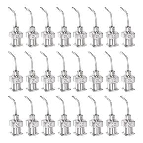 HARFINGTON 24pcs Blunt Tip Dispensing Needle 22 Gauge 0.4" 45 Degrees Bent Flow Design Bent Dispensing Tips with Luer Lock & Storage Box for Adhesive Glue Dispensing, Silver Tone