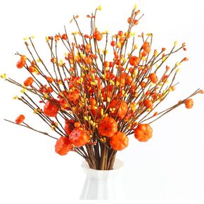 FOIMAS 6PCS Artificial Berry Stems with Orange Pumpkin Stems Pip Berry Fall Spray Picks for Fall Thanksgiving Halloween Vase Home Decoration