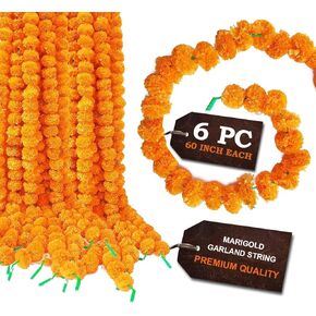 SATVIK 6 PC (5feet/60 inch) Artificial Marigold Flowers Garland for Puja Indian/American Indoor/Outdoor Party Decoration for Diwali, Christmas, Wedding, Halloween, Mantle, Spring Bush Faux Orange