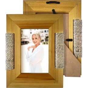 Wood and Rattan Picture Frame - Boho Picture Frame for 4x6 Inch Photo - Natural Wood Frame with Rattan Accents for Coastal or Boho Decor - Warm Golden Color Wood and Unique Picture Frame Design