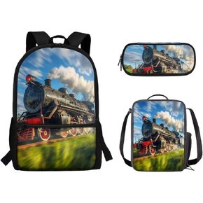 Train Backpack School Bag Set 3 Pieces Kids Boys Girls School Bookbag Satchel with Lunch Bag Pencil Case Pouch 3 Pcs Bookbag Daypack Back to School Backpack