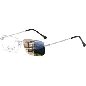 Rimless Bifocal Reading Glasses Transition Photochromic Sunglasses Blue Light Blocking Titanium Readers Man Woman UV