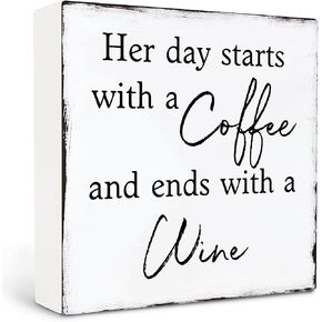 Coffee and Wine Sign - Coffee And Wine Bar Decor,Coffee And Wine Wood Box Sign,Rustic Coffee Wine Kitchen Decor, Coffee and Car Bar Decor for Home Table Shelf, 5x5