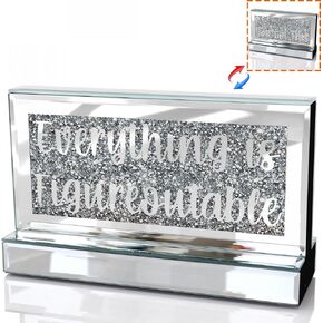 Silver Mirror Crystal Diamond Home Office Desk Art Decor, Daily Inspirational Office Supplies Sign and Reminder-Everything is Figureoutable & P.S. You Got This-9.1×5.1×3Inches