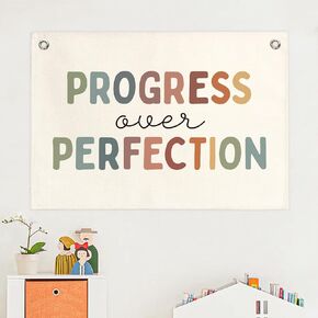Boho Classroom Decor,Progress Over Perfection Flags Banner Inspirational Office Decor,Positive Affirmation Playroom Kids Room Wall Decor Wall Hanging Banner Flag,30x20 in