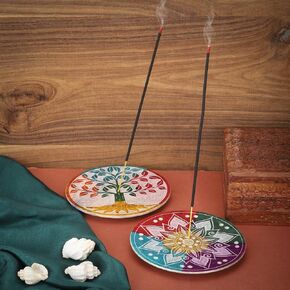 Ajuny Marble Round 5 Inch Incense Stick Holders Tree of Life and Flower Carving for Home Office Décor Meditation Accessories Decorative Ash Catcher Incense Burner (Set of 2)