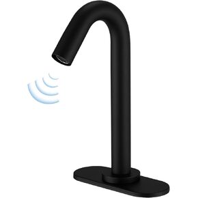 Sersor Automatic Touchless Bathroom Faucet, Mixer Tap with Deck Plate, Commercial Faucet Gooseneck, 10" Tall, Cold and Hot Water, Solid Brass, Black
