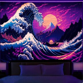 Manicer Japanese Sea Wave Tapestry, Blacklight Kanagawa Neon Sunset Ocean Tapestries Wall Hanging, UV Reactive Cool Tsunami Tapestry Wall Art for Bedroom, Living Room - 59 x 80 inches