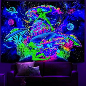 Blacklight مضحك الغريبة نسيج، الأشعة فوق البنفسجية رد الفعل Trippy الفضاء الغريبة الفطر الهبي المفروشات الجمالية، لطيف بارد الغريبة UFO الكون كوكب مخدر Blacklight نسيج للرجال الأولاد غرفة نوم 40X30IN in Kuwait