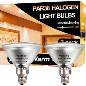 PAR38 Halogen Flood Light 100W 120V,2 Pack High Output 1800LM PAR38 Flood Light Bulbs Warm White 2800K, 100W PAR38 Dimmable with E26 Base, Long Lasting Halogen PAR38 Outdoor Flood Light Bulbs