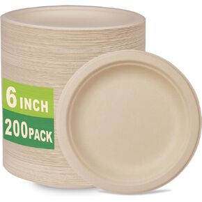 GreenWorks 200 Count 6“ Small Compostable Dessert Plates, Heavy-duty Unbleached Biodegradable Bagasse and Bamboo fiber Paper Plates …