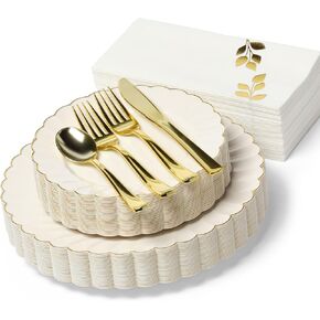 By Madee HEAVYWEIGHT 175 PCS Ivory Scalloped Plastic Plates with Gold Trim | High End Disposable Plates, Cutlery & Metallic Stamped Napkins | Elegant Disposable Dinnerware Set (25 Guests)
