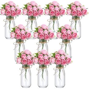 10 Sets Clear Glass Vase with Flowers Centerpieces Artificial Rose Flowers Arrangement with Glass Bottle Jars Home Decor for Wedding Table Centerpieces Room in Kuwait