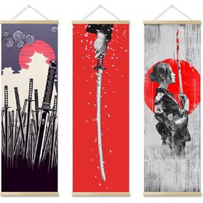 4PCS Japanese Wall Decor, Japanese Wall Art, Japanese Decor for Bedroom, Sumurai Armor Warrior Canvas Wall Decorations with Scroll Wood Framed, Sushi Restaurant Decor, 11''x35''