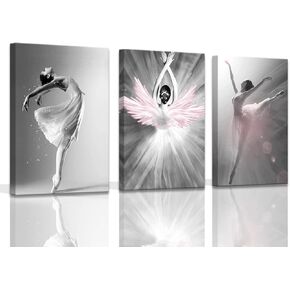 Girls Bedroom Decor Ballet Dancer Wall Pictures for Bedroom Black and White With Pink Home Decorations Artwork for Home Walls Pink Wall Art for Bedroom 3 Pieces Canvas Art Set Framed 12x16inchx3pcs