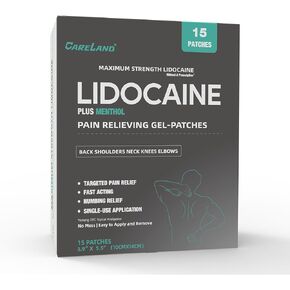 Careland 4% Lidocaine Patches Plus 1% Menthol 15 Count Pain Relief Patches Maximum Strength lidocaine, Back Pain Relief Products, for Neck Knee Joint Pain Nerve Shoulder Pain Relief