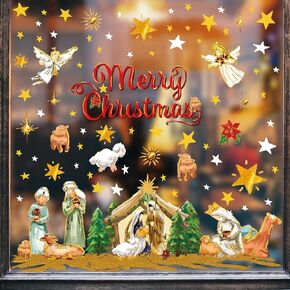 261Pcs Christmas Window Clings Gold Nativity Scene Window Stickers Double-Side Glass Decals for Winter Home Party Supplies, 7.9 x 11.8 Inch, 6 Sheets
