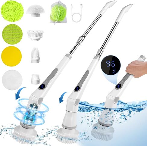 Electric Spin Scrubber with 4 Adjustable Angles,2024 Upgraded Cordless Cleaning Brush LCD Display,IPX7 Shower Scrubber with Long Handle & Brush Heads,3 Speed Power for Bathroom Floor Tile in Saudi Arabia