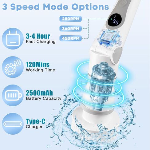 Electric Spin Scrubber with 4 Adjustable Angles,2024 Upgraded Cordless Cleaning Brush LCD Display,IPX7 Shower Scrubber with Long Handle & Brush Heads,3 Speed Power for Bathroom Floor Tile in Saudi Arabia