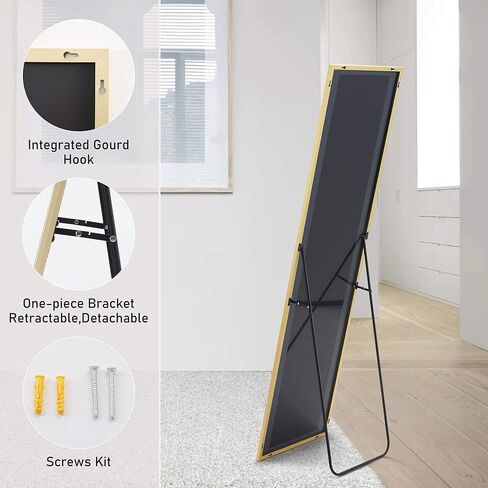 Floor Standing Mirror with Stand, Aluminum Alloy Thin Frame, Full Length Wall Mirror for Bedroom and Living Room Decor, Gold Rectangular Mirror 59.00'' x 16.00'' x 0.50'' in Kuwait