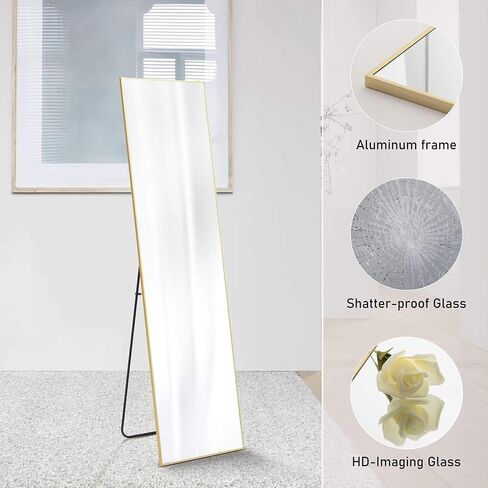 Floor Standing Mirror with Stand, Aluminum Alloy Thin Frame, Full Length Wall Mirror for Bedroom and Living Room Decor, Gold Rectangular Mirror 59.00'' x 16.00'' x 0.50'' in Kuwait