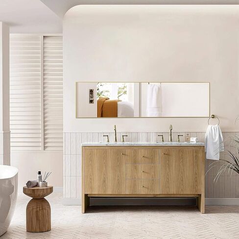 Floor Standing Mirror with Stand, Aluminum Alloy Thin Frame, Full Length Wall Mirror for Bedroom and Living Room Decor, Gold Rectangular Mirror 59.00'' x 16.00'' x 0.50'' in Kuwait