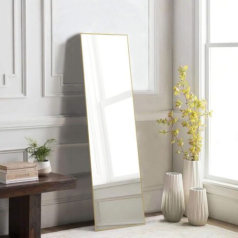 Floor Standing Mirror with Stand, Aluminum Alloy Thin Frame, Full Length Wall Mirror for Bedroom and Living Room Decor, Gold Rectangular Mirror 59.00'' x 16.00'' x 0.50'' in Kuwait