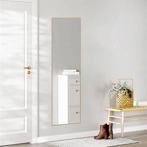 Floor Standing Mirror with Stand, Aluminum Alloy Thin Frame, Full Length Wall Mirror for Bedroom and Living Room Decor, Gold Rectangular Mirror 59.00'' x 16.00'' x 0.50'' in Kuwait