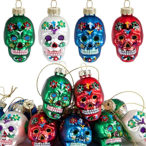12 قطعة من الحلي الزجاجية ليوم الموتى - زخارف جمجمة السكر Dia De Los Muertos - زخارف رأس هيكل عظمي معلقة للهالوين لتزيين شجرة عيد الميلاد المعلقة in Kuwait