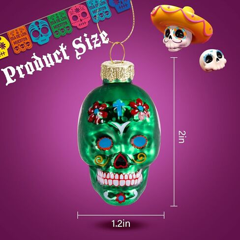 12 قطعة من الحلي الزجاجية ليوم الموتى - زخارف جمجمة السكر Dia De Los Muertos - زخارف رأس هيكل عظمي معلقة للهالوين لتزيين شجرة عيد الميلاد المعلقة in Kuwait