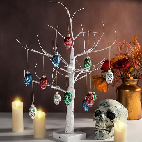 12 قطعة من الحلي الزجاجية ليوم الموتى - زخارف جمجمة السكر Dia De Los Muertos - زخارف رأس هيكل عظمي معلقة للهالوين لتزيين شجرة عيد الميلاد المعلقة in Kuwait
