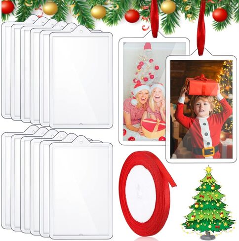 18 Pcs Christmas Clear Hanging Photo Frame Acrylic Picture Frames Ornament Mini Frames with Ribbon Xmas Picture Frame for Christmas Trees Decoration (18, Round) in Saudi Arabia