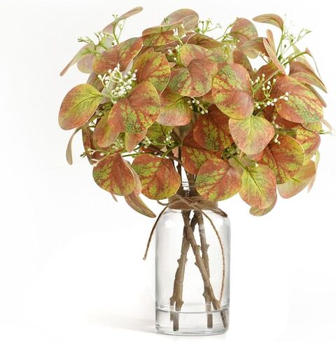 Artificial Eucalyptus Stems in Clear Glass Vase with Faux Water, 14" Fake Plant Eucalyptus Leaves White Seeds for Office Home Farmhouse Wedding Centerpiece Table Decor (Light Green & Red) in Kuwait