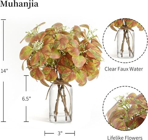 Artificial Eucalyptus Stems in Clear Glass Vase with Faux Water, 14" Fake Plant Eucalyptus Leaves White Seeds for Office Home Farmhouse Wedding Centerpiece Table Decor (Light Green & Red) in Kuwait