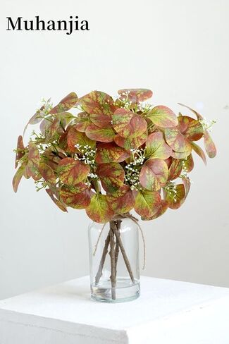 Artificial Eucalyptus Stems in Clear Glass Vase with Faux Water, 14" Fake Plant Eucalyptus Leaves White Seeds for Office Home Farmhouse Wedding Centerpiece Table Decor (Light Green & Red) in Kuwait