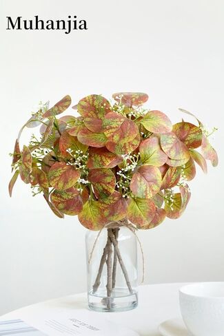 Artificial Eucalyptus Stems in Clear Glass Vase with Faux Water, 14" Fake Plant Eucalyptus Leaves White Seeds for Office Home Farmhouse Wedding Centerpiece Table Decor (Light Green & Red) in Kuwait