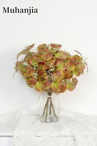 Artificial Eucalyptus Stems in Clear Glass Vase with Faux Water, 14" Fake Plant Eucalyptus Leaves White Seeds for Office Home Farmhouse Wedding Centerpiece Table Decor (Light Green & Red) in Kuwait