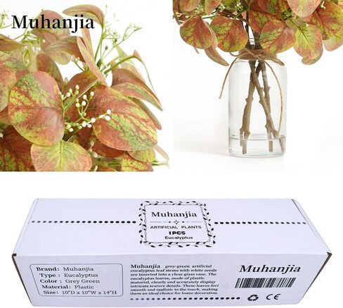 Artificial Eucalyptus Stems in Clear Glass Vase with Faux Water, 14" Fake Plant Eucalyptus Leaves White Seeds for Office Home Farmhouse Wedding Centerpiece Table Decor (Light Green & Red) in Kuwait