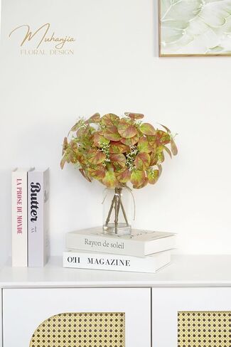 Artificial Eucalyptus Stems in Clear Glass Vase with Faux Water, 14" Fake Plant Eucalyptus Leaves White Seeds for Office Home Farmhouse Wedding Centerpiece Table Decor (Light Green & Red) in Kuwait