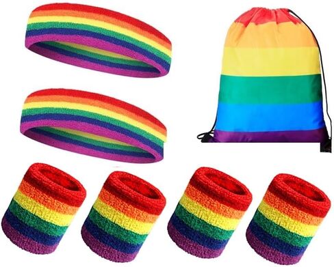 7 Pcs Striped Sweatbands Set - 2Pcs Headband & 4Pcs Wristbands & 1Rainbow Drawstring Backpack Sweat Band Set for Men and Women Athletic Bands for Gym, Basketball, Working Out in Saudi Arabia