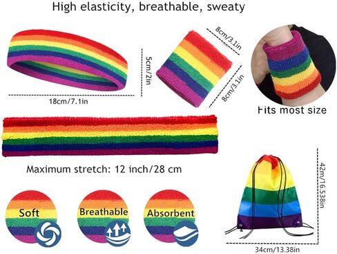 7 Pcs Striped Sweatbands Set - 2Pcs Headband & 4Pcs Wristbands & 1Rainbow Drawstring Backpack Sweat Band Set for Men and Women Athletic Bands for Gym, Basketball, Working Out in Saudi Arabia