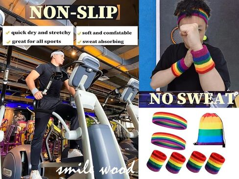 7 Pcs Striped Sweatbands Set - 2Pcs Headband & 4Pcs Wristbands & 1Rainbow Drawstring Backpack Sweat Band Set for Men and Women Athletic Bands for Gym, Basketball, Working Out in Saudi Arabia