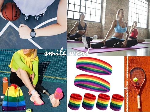 7 Pcs Striped Sweatbands Set - 2Pcs Headband & 4Pcs Wristbands & 1Rainbow Drawstring Backpack Sweat Band Set for Men and Women Athletic Bands for Gym, Basketball, Working Out in Saudi Arabia