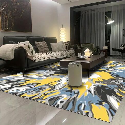 سجادة FINOREN ناعمة ومقاومة للبقع، سجادة منطقة منخفضة الزغب مقاس 5 × 7 أقدام لغرفة النوم، وغرفة المعيشة، والشقة. ظهر غير قابل للانزلاق قابل للغسل. أصفر-أبيض. in Kuwait