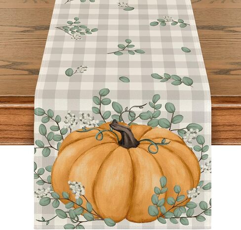 Artoid Mode Orange Buffalo Plaid Pumpkin Eucalyptus Leaves Fall Table Runner, Autumn Thanksgiving Kitchen Dining Table Decoration for Home Party Decor 13x72 Inch in Saudi Arabia