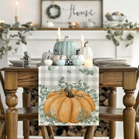 Artoid Mode Orange Buffalo Plaid Pumpkin Eucalyptus Leaves Fall Table Runner, Autumn Thanksgiving Kitchen Dining Table Decoration for Home Party Decor 13x72 Inch in Saudi Arabia