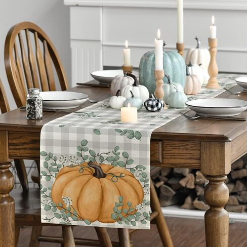 Artoid Mode Orange Buffalo Plaid Pumpkin Eucalyptus Leaves Fall Table Runner, Autumn Thanksgiving Kitchen Dining Table Decoration for Home Party Decor 13x72 Inch in Saudi Arabia