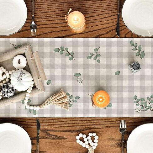 Artoid Mode Orange Buffalo Plaid Pumpkin Eucalyptus Leaves Fall Table Runner, Autumn Thanksgiving Kitchen Dining Table Decoration for Home Party Decor 13x72 Inch in Saudi Arabia